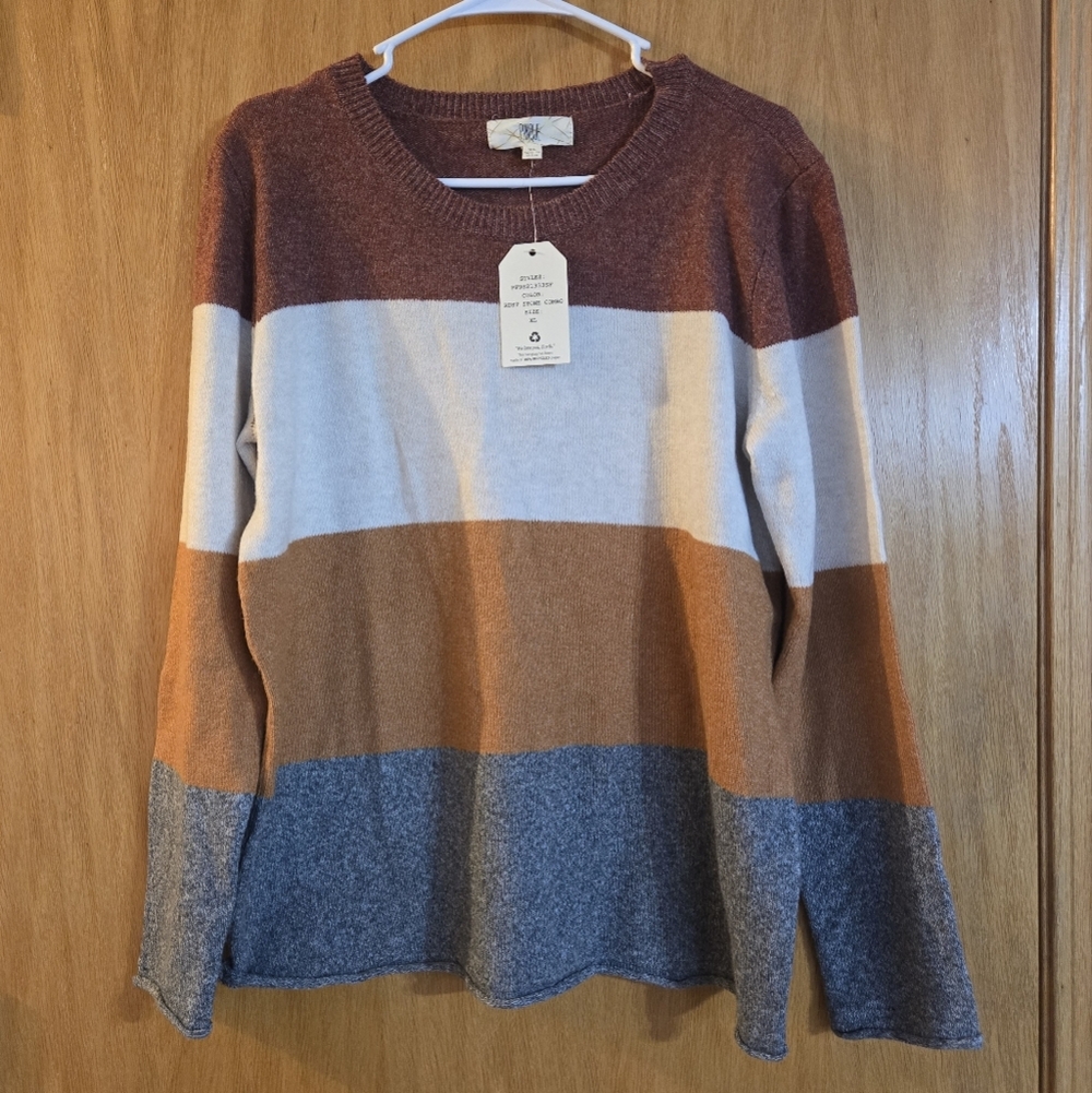 Pinque Women Colorblock Lightweight Knit Sweater Orange Cream Grey XL NWT